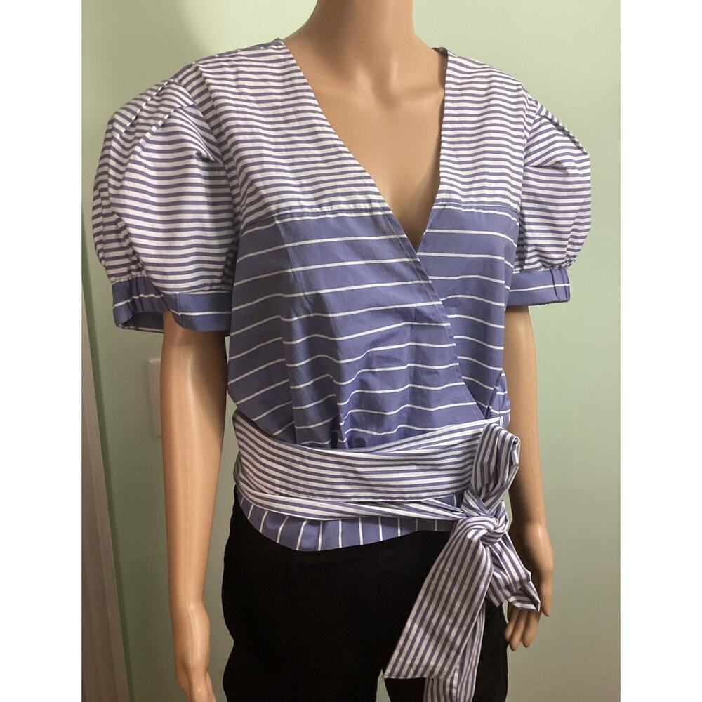 New york &‎ company flutter sleeves blue stripe wrap blouse